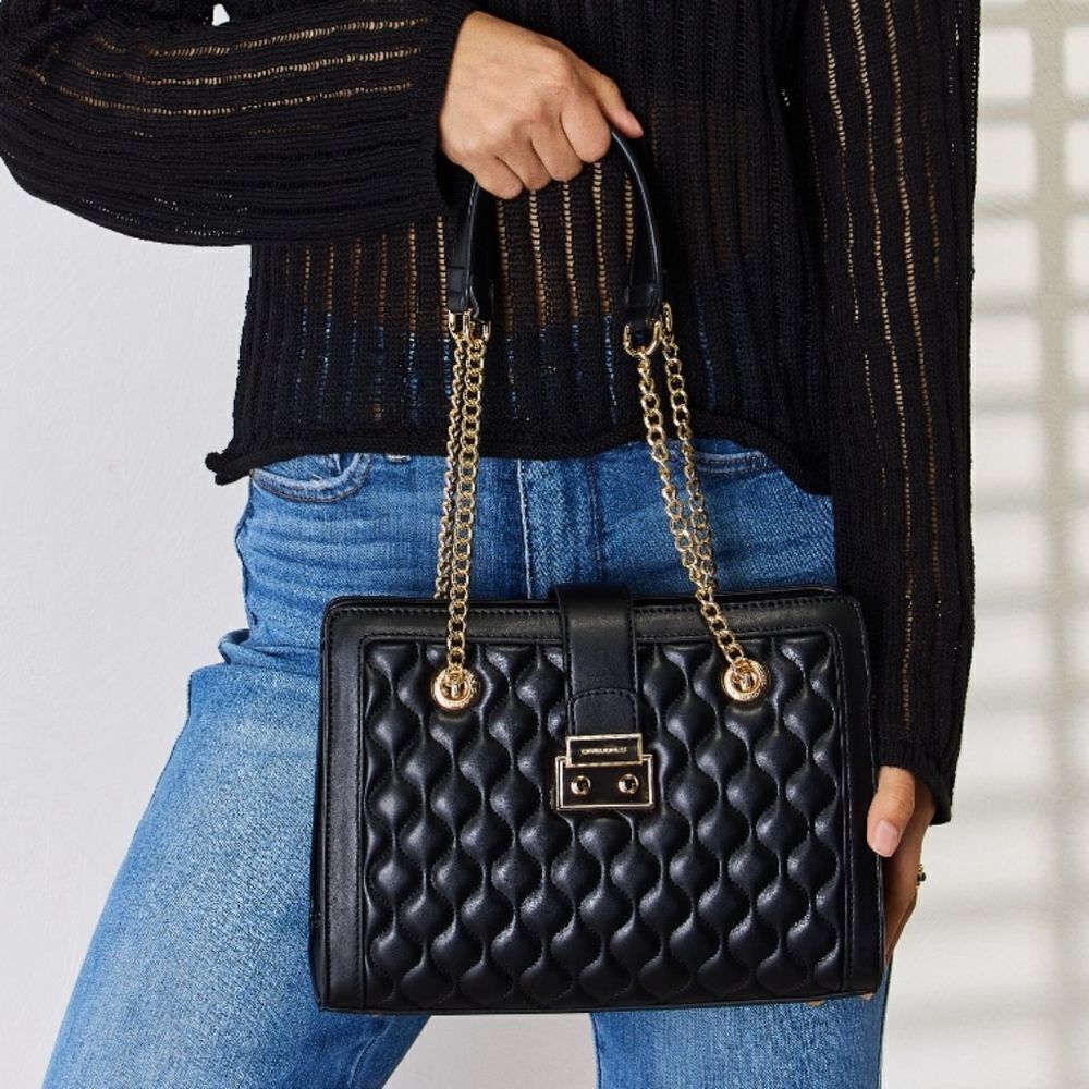David Jones USA Quilted PU Leather Elegant Black Handbag w Gold Chain